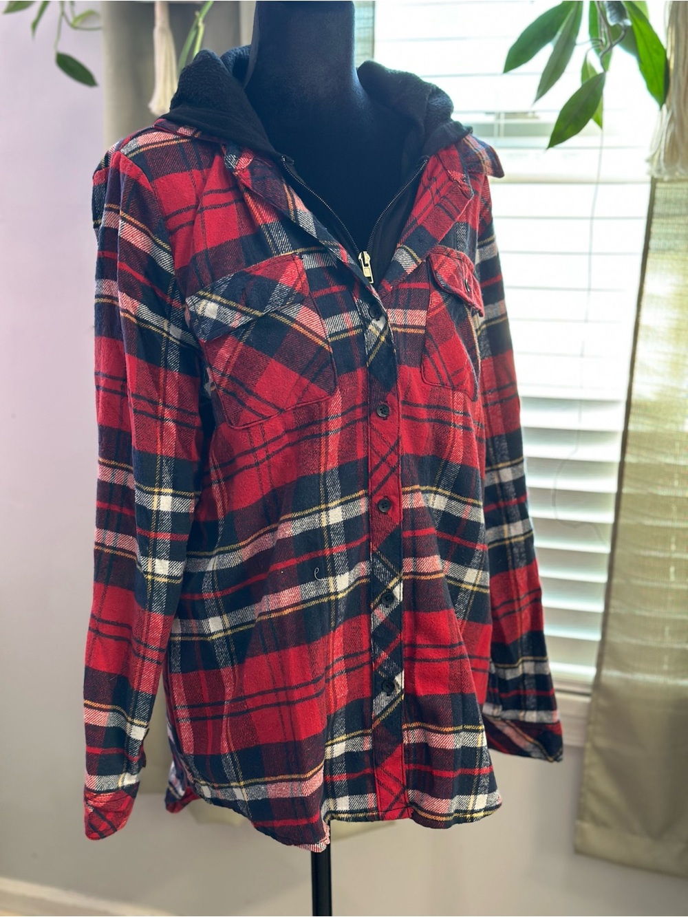 Cisono L Red Plaid Hooded Shacket Flannel Layered Shirt Jacket